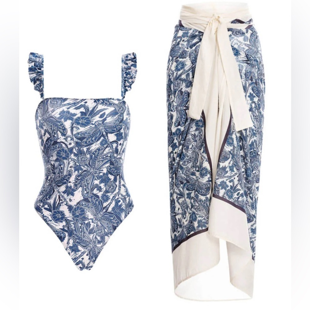 Aprilake Womens Blue Dragonfly Ruffle Trim Swimsuit & Sarang Wrap Midi Skirt XL